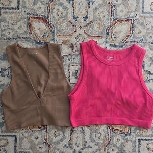 Pink and Brown Ribbed Crop Tops